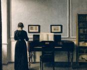 威尔汉姆 哈莫修依 : Interior With Piano and Woman in Black - Strandgade 30